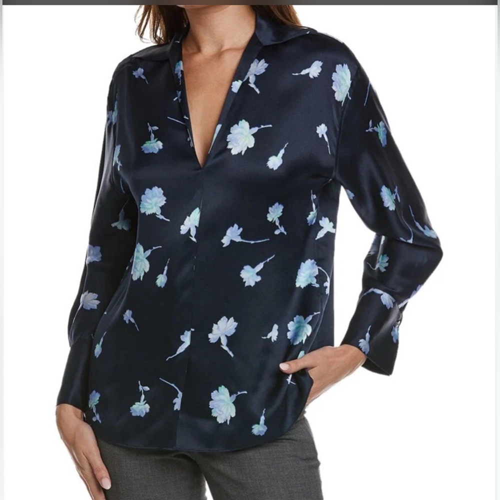 Vince Sea Carnation Long Sleeve Floral Print Silk Blouse